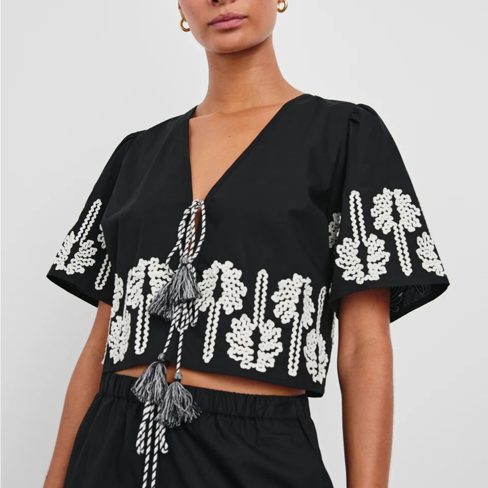 Rails Pari Rickrack Palms Tie Front Cotton Crop Top
